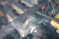 Smoke under the hood of car. Car engine smokes Royalty Free Stock Photo