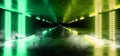 Smoke Virtual Neon Glowing Structure Sci Fi Futuristic Spaceship Dark Empty Tunnel Corridor Fluorescent Vibrant Green Yellow