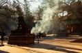 Smoke from visitors burn incense by the Chinese guardian lion statues in Yonghegong Temple, the Lama Temple, in Beijing, China