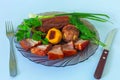 Smoked appetizing pork belly with vegetables on a plate Royalty Free Stock Photo