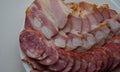 Plate Of Sliced Sausage, Ham And Bacon Laid Out In A Rows Detailed Stock Photo Royalty Free Stock Photo