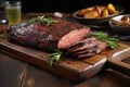 smoked beef brisket on rustic serving platter Royalty Free Stock Photo