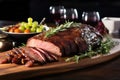 smoked beef brisket on rustic serving platter Royalty Free Stock Photo