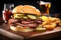 smoked beef brisket sandwich with pickles and bbq sauce Royalty Free Stock Photo