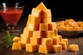 smoked cheese blocks arranged in a pyramid