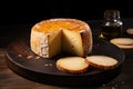 smoked cheese round with a rind visible on a table