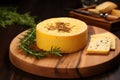 smoked cheese round on a wooden board