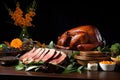 smoked duck arrangement on a culinary display