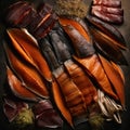 Smoked fish background, appetizing fresh pieces of red and white smoked fish on black, flatley, culinary background