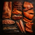 Smoked fish background, appetizing fresh pieces of red and white smoked fish on black, flatley,