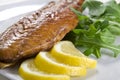 Smoked fish with lemon and salad Royalty Free Stock Photo