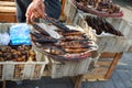 smoked fish meat cut into small pieces for sale at a traditional market Royalty Free Stock Photo