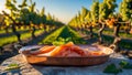 Delicious Smoked Salmon Slices on Copper Tray in Vineyard at Sunset Royalty Free Stock Photo