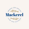 Smoked and Grilled Mackerel. Abstract Vector Sign, Symbol or Logo Template. Hand Drawn Mackerel Fish with Premium Retro