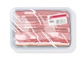 Smoked ham is on plastic tray covered stretch food wrapper, clingfilm with label.