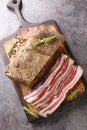 Smoked italian pancetta meat closeup on the wooden board. Vertical top view