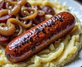 Smoked kielbasa sausage with mashed potatoes and caramelized onions Royalty Free Stock Photo