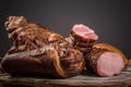 Smoked knuckle of pork meat natural product from organic farm. menu banner space for text