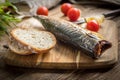 Smoked mackerel and bread. Royalty Free Stock Photo