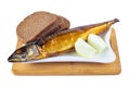 Smoked mackerel fish with onions and brown bread on a white background Royalty Free Stock Photo