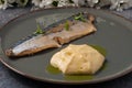 Smoked mackerel with potato cream. Horizontal frame Royalty Free Stock Photo