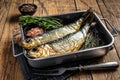 Smoked marinated herring fish in kitchen tray with herbs. Wooden background. Top view