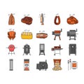 smoked meat food sausage ham icons set vector