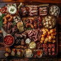 Smoked Meat Snack Beer Set Top View, Barbecue Buffet of Sudzhuk, Horseflesh, Beef Jerky, Cheese Royalty Free Stock Photo