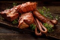 Smoked meats and sausages. A set of traditional smoked meats and sausages: ham,gammon, pork loin, home-style sausages, kabanosy. Royalty Free Stock Photo