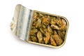 Smoked mussels in opened tin can