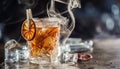 Smoked old fashioned rum cocktail with cubes of ice around on a dark background Royalty Free Stock Photo