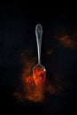 Smoked paprika, spicy, sweet on a teaspoon on a black background Royalty Free Stock Photo