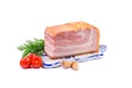 Smoked pork belly, bacon, ham on a chopping board. White isolated background. Royalty Free Stock Photo