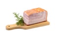 Smoked pork belly, bacon, ham on a wooden chopping board. White isolated background Royalty Free Stock Photo
