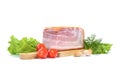 Smoked pork belly, bacon, ham on a wooden chopping board. White isolated background. Royalty Free Stock Photo