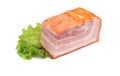 Smoked pork belly, bacon, ham on a wooden chopping board. White isolated background Royalty Free Stock Photo