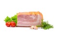 Smoked pork belly, bacon, ham on a wooden chopping board. White isolated background. Royalty Free Stock Photo
