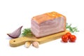 Smoked pork belly, bacon, ham on a wooden chopping board. White isolated background Royalty Free Stock Photo