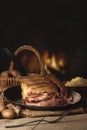 Smoked pork chop with Sourcrout and Potatoes on wooden Table befo Royalty Free Stock Photo