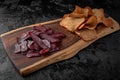 Smoked pork ears with salty dry rye bread. Royalty Free Stock Photo