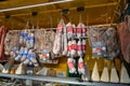 Smoked pork meat, sausages, prosciutto and cheese for sale at the Bolzano street market. Italy