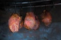 Smoked pork meat in smoker on dark background.