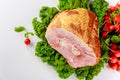 Smoked and presliced pork ham decorated with fresh radish Royalty Free Stock Photo