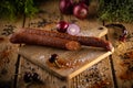 Smoked rustic sausages Royalty Free Stock Photo