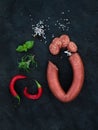 Smoked salami sausage with rosemary, chili pepper, basil and salt over black slate stone background, top view, closeup. Royalty Free Stock Photo