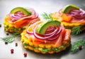 Smoked salmon with avocado and red onion on potato cakes