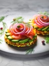 Smoked salmon with avocado and red onion on potato cakes