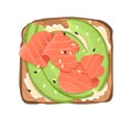 Smoked salmon and avocado toast. Healthy snack, open sandwich with fish slices, cream cheese, sesame on grilled bread Royalty Free Stock Photo