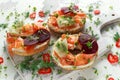 Smoked salmon bagel toasts with soft cheese, cucumber ribbons and beetroot and dill, cress salad Royalty Free Stock Photo