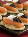 Smoked Salmon Blinis Canaps with Sour Cream Royalty Free Stock Photo